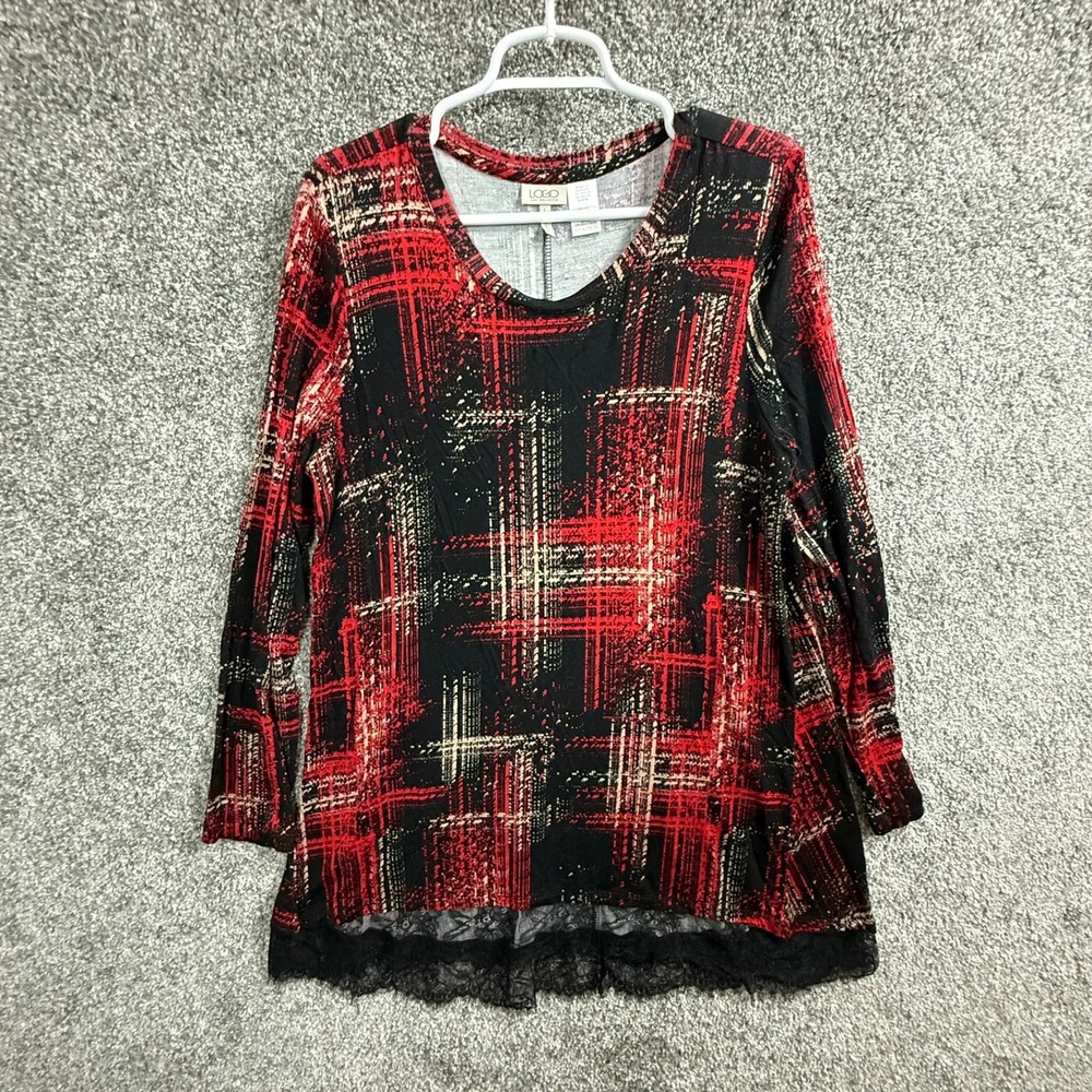 LOGO Lori Goldstein Red Black Plaid Lace Trim Tunic Top Large